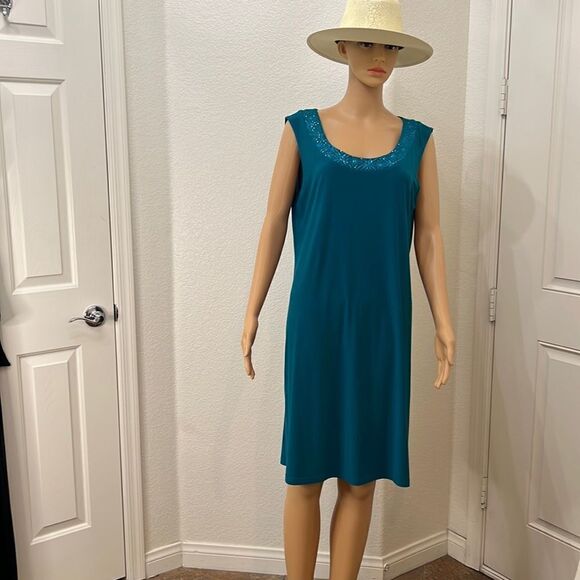 R & M Richard’s Large Dress Sparkle Scoop Neck Short Sleeve Teal Blue Green - Picture 1 of 9